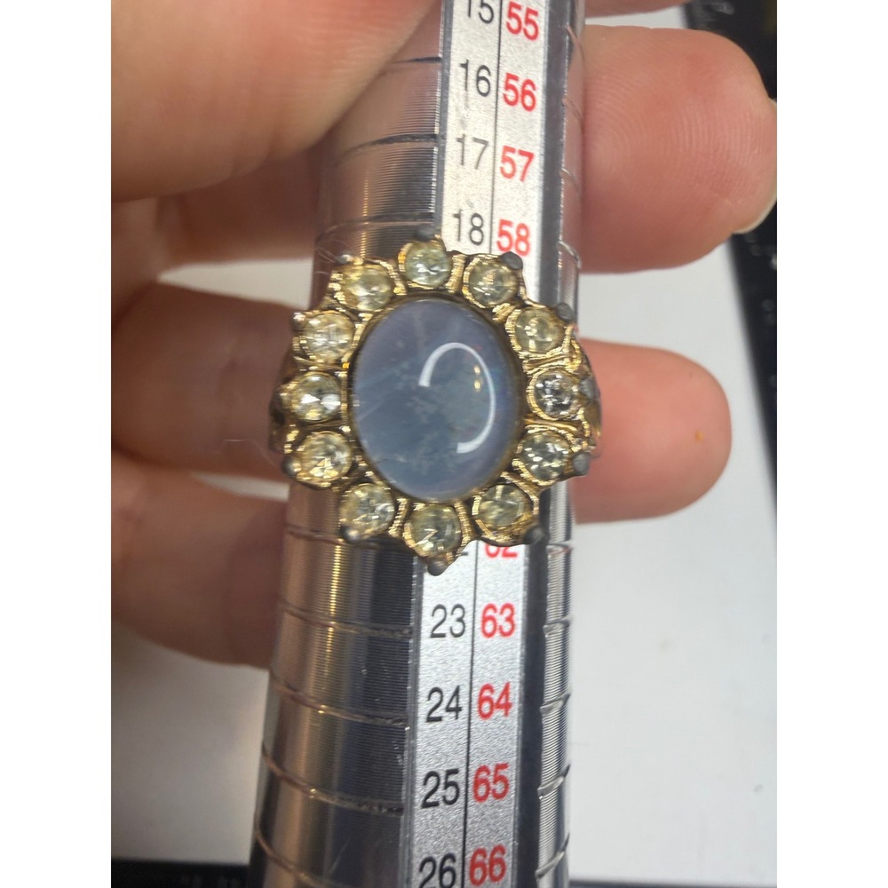 Vintage Faux Moonstone Rhinestone Halo Gold Tone Cocktail Ring Size 9.5